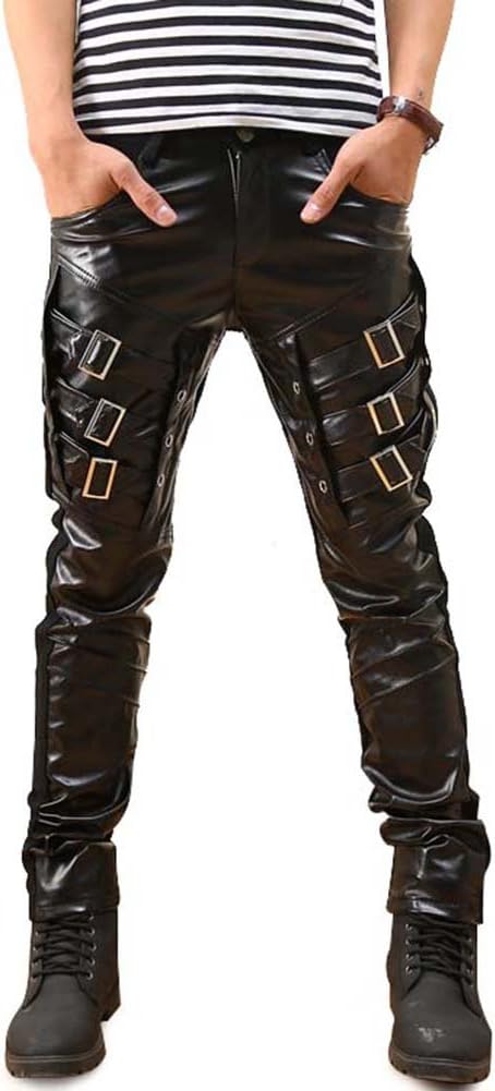 Idopy Men`s Rock Punk Hip Hop Faux Leather Motocycle Pants