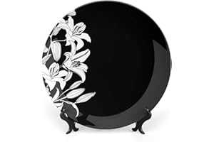 LIGUTARS Ceramic Display Plate, Black and White Ceramic Hanging Decorative Plate, White Flowers Lily, 10 Inch, Household Custom Ceramic Plate, Black and White