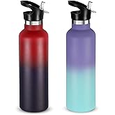 Neihepal 24oz Insulated Water Bottles Bulk 2 Pack,Stainless Steel Double Wall Sport Bottle with Straw Lid,Metal Reusable Thermoses Cup with Hand Cap for School,Cyclists,Hikers,Gift (Assorted,Set of 2)