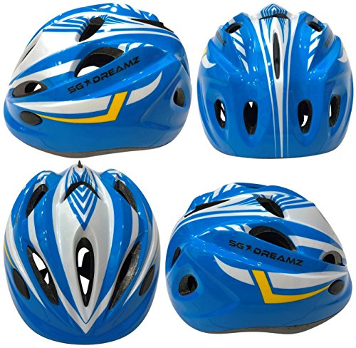 KIDS Bike Helmet – Adjustable from Toddler to Youth Size, Ages 3 To 7 - Durable Kid Bicycle Helmets with Fun Racing Design Boys and Girls will LOVE - CSPC Certified for Safety (White Blue With Light)