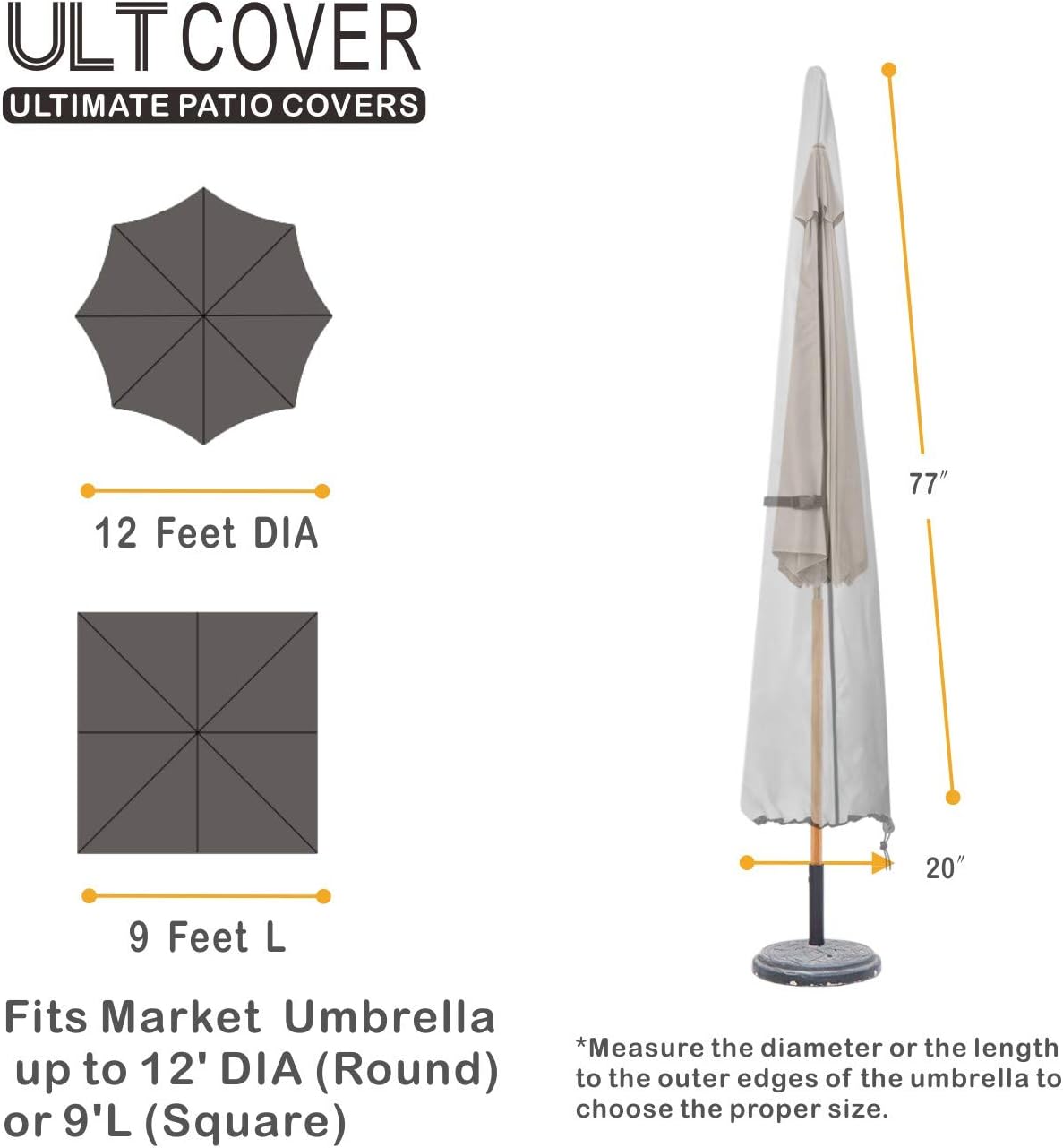 ULTCOVER Patio Umbrella Cover - 600D Waterproof Outdoor Market Umbrella Cover - Fits Market Umbrella Up to 12 Feet, Black : Garden & Outdoor