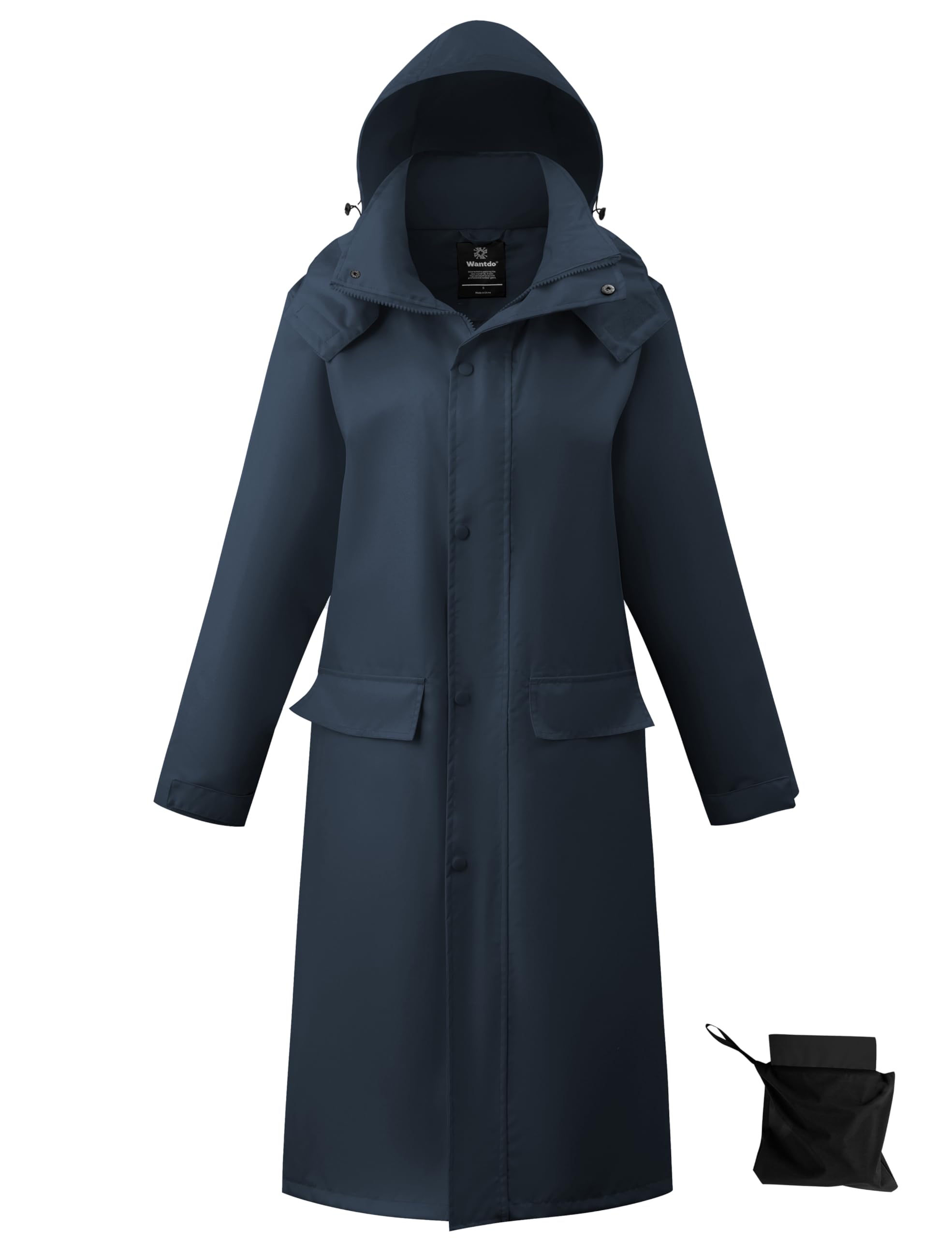 wantdo Long Rain Coat for Women Waterproof Raincoat with Hood Full Length Windbreaker Packable Trench Rain Jacket, Navy, Large