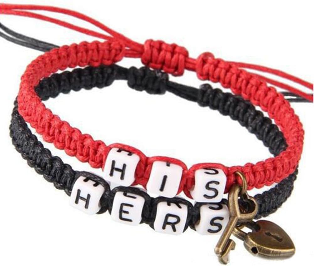 El Regalo "His Hers Handmade Macrame Couples Bracelet with The Heart Lock & Key Charms
