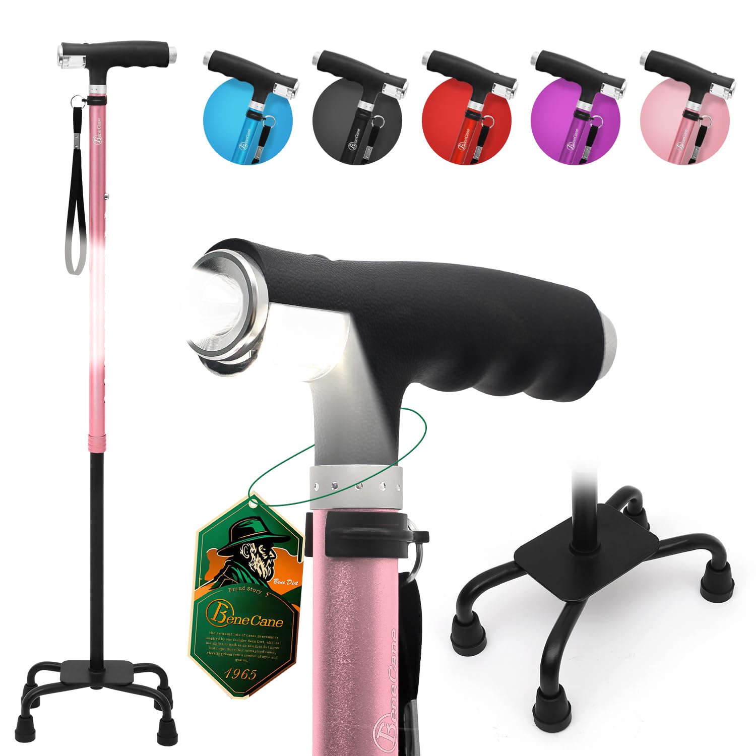 BeneCane Quad Cane Walking Cane with Two Led Lights with Big Base T Handle＆Lightweight Adjustable Walking Stick Four Pronged Sturdy for Men and Women (Pink)