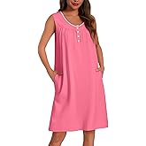 Ekouaer Cotton Nightgowns for Women Tank Sleeveless Night Gowns Lace Button Sleep Dress House Dress with Pockets S-3XL