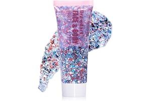 Drawdart Red White and Blue Body Glitter Gel, 4th of July Outfits for Women Kids, Fourth of July Accessories, Sparkling Chunky Patriotic Face & Body Glitter, Independence Day USA Flag Pride Accessory