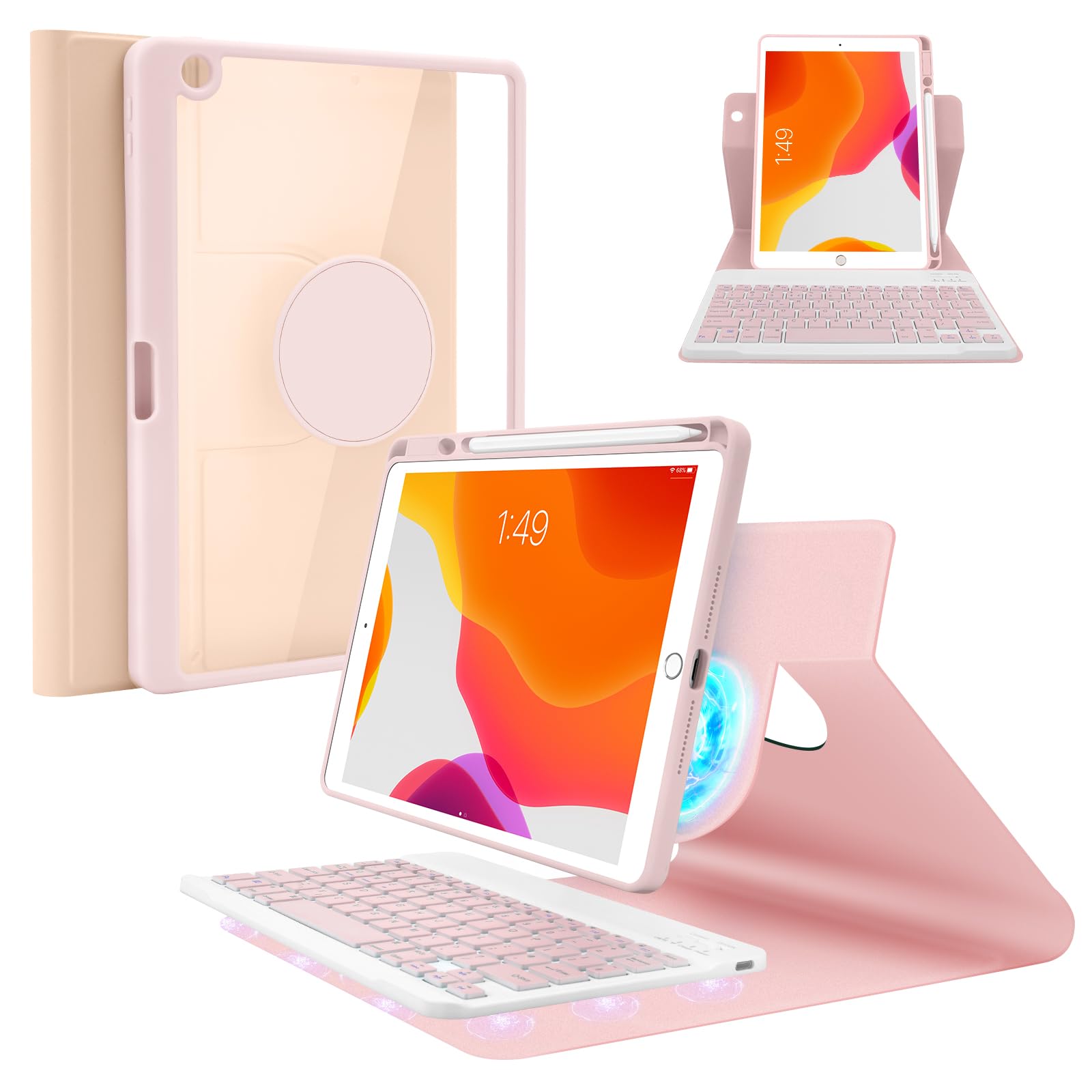SOPPY Keyboard Case for iPad 9th Gen 2021/ 8th Gen 2020/ 7th Gen 2019 10.2-inch, Slim Protective Cover, Magnetically Rotatable Detachable Keyboard, with Pencil Holder, UK Layout - Pink