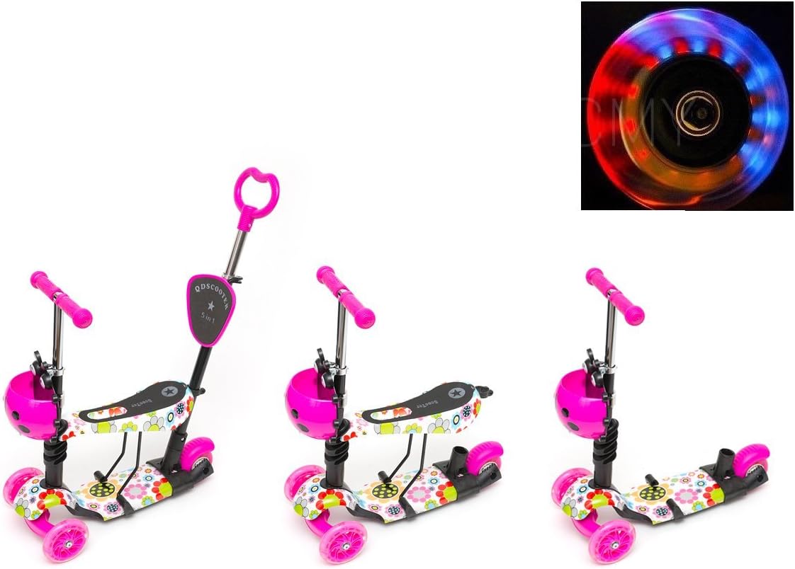 CMY 5-in-1 Kids Kick Scooter 3-wheel Walker Walker w/Removable Seat Adjustable Height Parent Handle Baby Toddler 2018 (PINK)