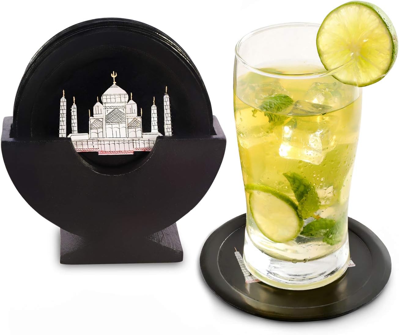 Divit Stone/Marble Coasters for Drinks, Absorbent, Antique Look Handcrafted Coasters with Holder, Set of 6 (Black Marble with Taj Mahal Inlay)