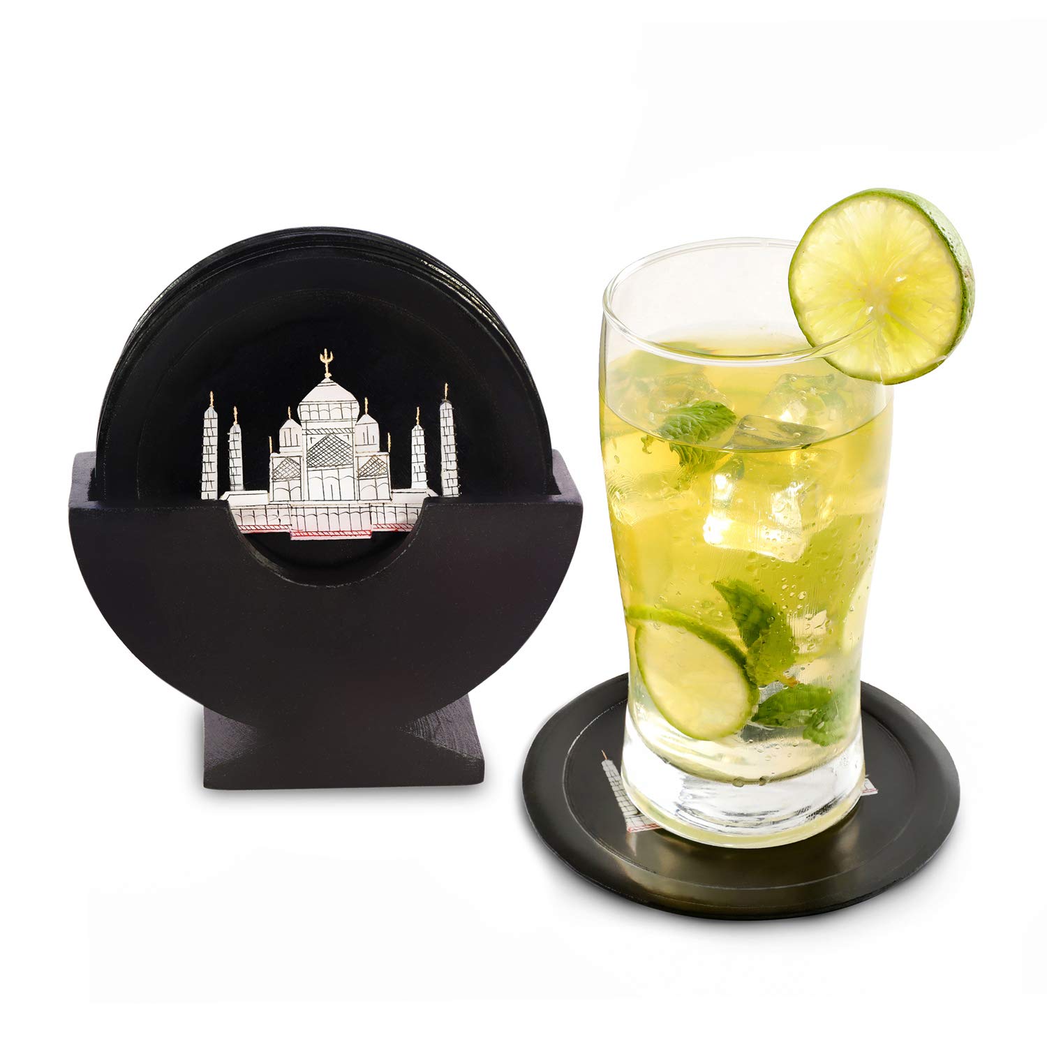 Divit Stone/Marble Coasters for Drinks, Absorbent, Antique Look Handcrafted Coasters with Holder, Set of 6 (Black Marble with Taj Mahal Inlay)