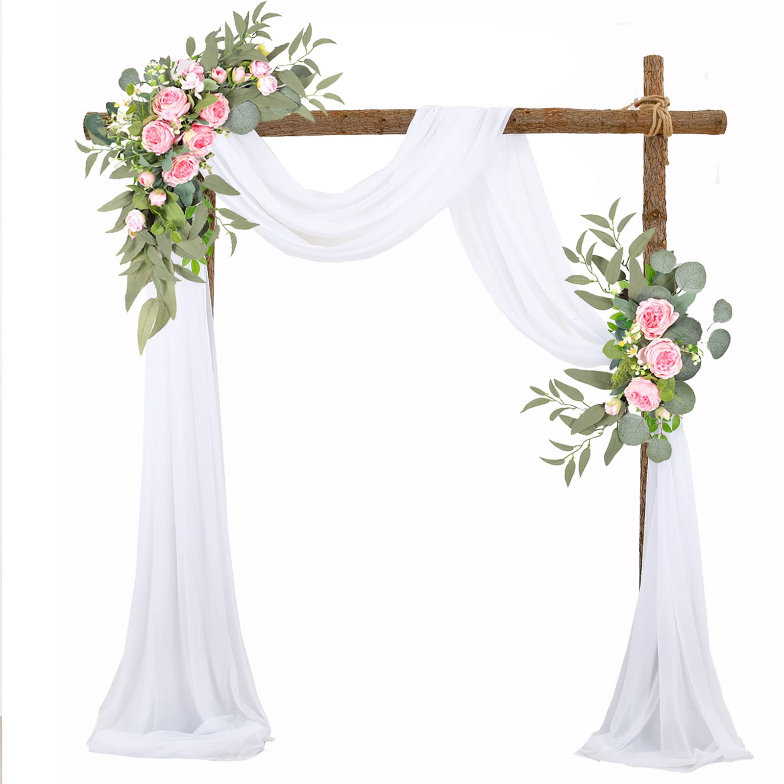 EESLL Artificial Wedding Arch Flowers Kit (Pack of 3),2pcs White Rose Flower Swag with 1pc White Sheer Draping Fabric Floral Swags for Decoration