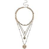 18k Gold Plated Boho Layered Necklace for Women,Turquoise Stones Coin Long Necklace,Cross Pendant, Lotus Medallion, Multi-Strand Religious bohemian Style