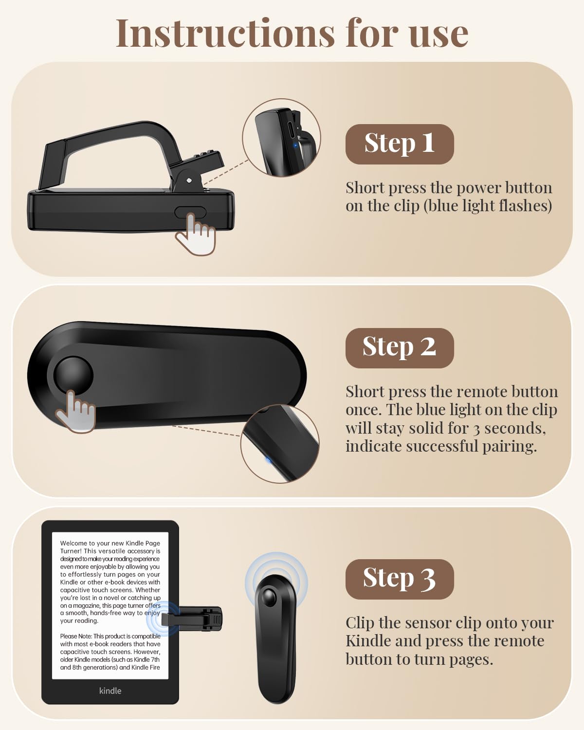 Kindle Page Turner, Remote Control Page Turner for Kindle Paperwhite Oasis EReaders Kobo, Kindle Clicker Page Turner for iPhone,iPad, Android Tablets Reading Novels,Camera Record & Shutter Selfie