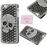 iPhone 6 Skull Case, Charm Of Diamonds Unique Handmade 3D Cool Skull Black Case For Apple iPhone 6 4.7'' Bling Rhinestone Crystal Cover Phone Back Hard Protective Skin +Clean Cloth