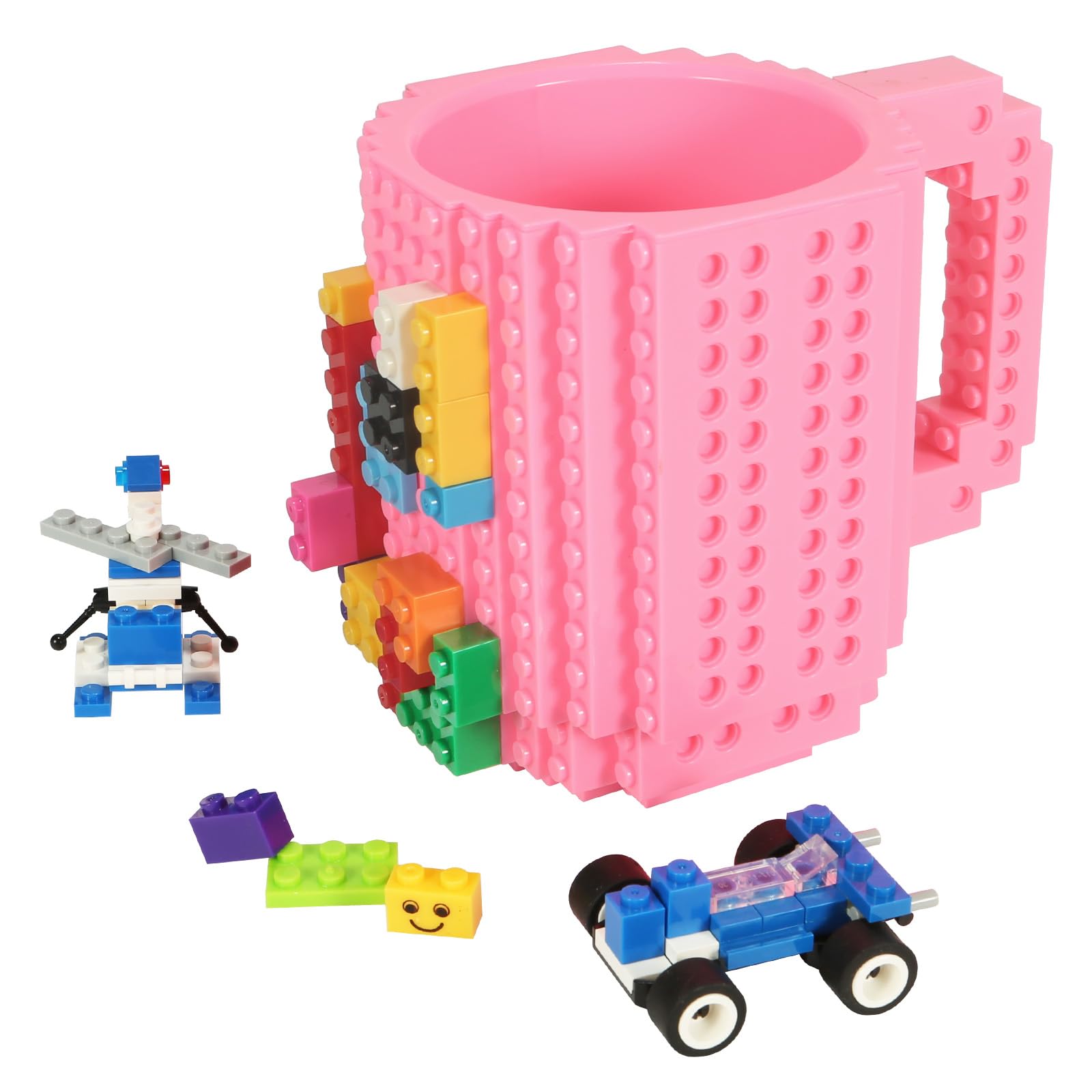 Lumsburry Build-on Brick Coffee Mug, Funny DIY Novelty Cup with Building Blocks Creative Gift for Kids Men Women Xmas Birthday (Pink)