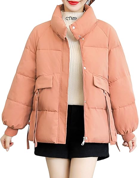 Amazon ジョプリンアンドコー 5カラー パステルカラー リボン付きダウン 袖リブ ポケット付き ショート丈 冬物 ショート丈ダウン ダウンジャケット リボン ポケット レディースアウター 韓国風コート ハイネック 襟付き 防寒服 防風 アウター コート かわいい 大きい
