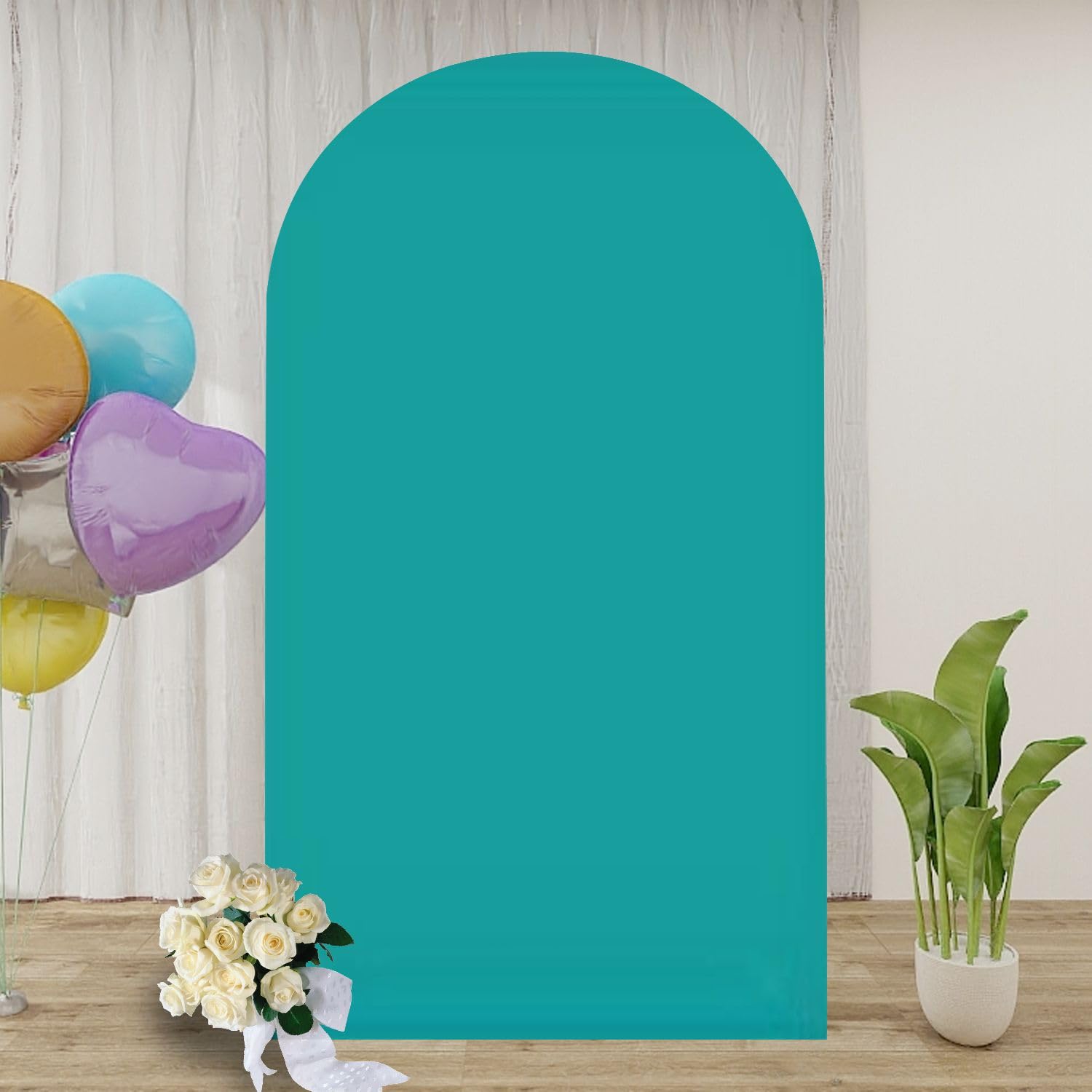 Photo 1 of Seamless Plain Mixture Dark Spring Teal Color 6.6FT Wedding Arch Cover Spandex Fitted Fabric Round Top Stretchy Backdrop Stand Covers for Wedding Birthday Party Decoration