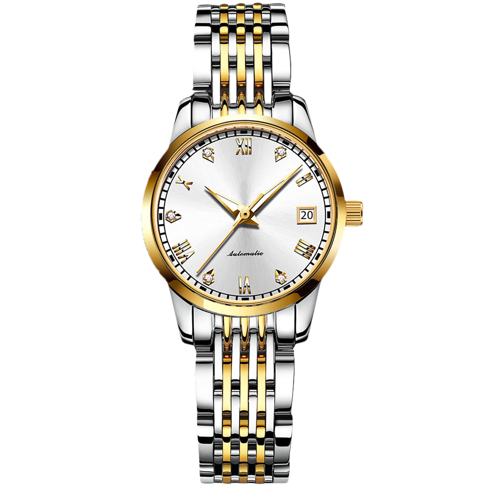 RORIOS Women's Automatic Winder Watch Luminous Roman Numerals Watch Stainless Steel Bracelet Fashion Waterproof Mechanical Watch, Silver A, Bracelet