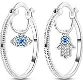 Hapour Sterling Silver Cubic Zirconia Hoop Earrings for Women Teen, Hypoallergenic Rhinestone Earrings Sparkly Crystal Hamsa Hand Evil Eye Hoops