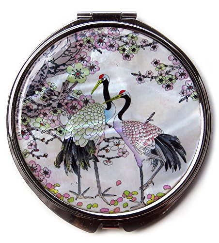 White-Mother-of-Pearl-Compact-Mirror-Metal-Round-Double-Sided-Folding-Magnify-Crane-Apricot-Tree-Design