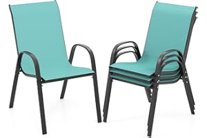 COSTWAY Patio Dining Chairs Set of 4, Stackable Outdoor Chairs with Armrest and High Back, Breathable Fabric & Metal Frame Ch
