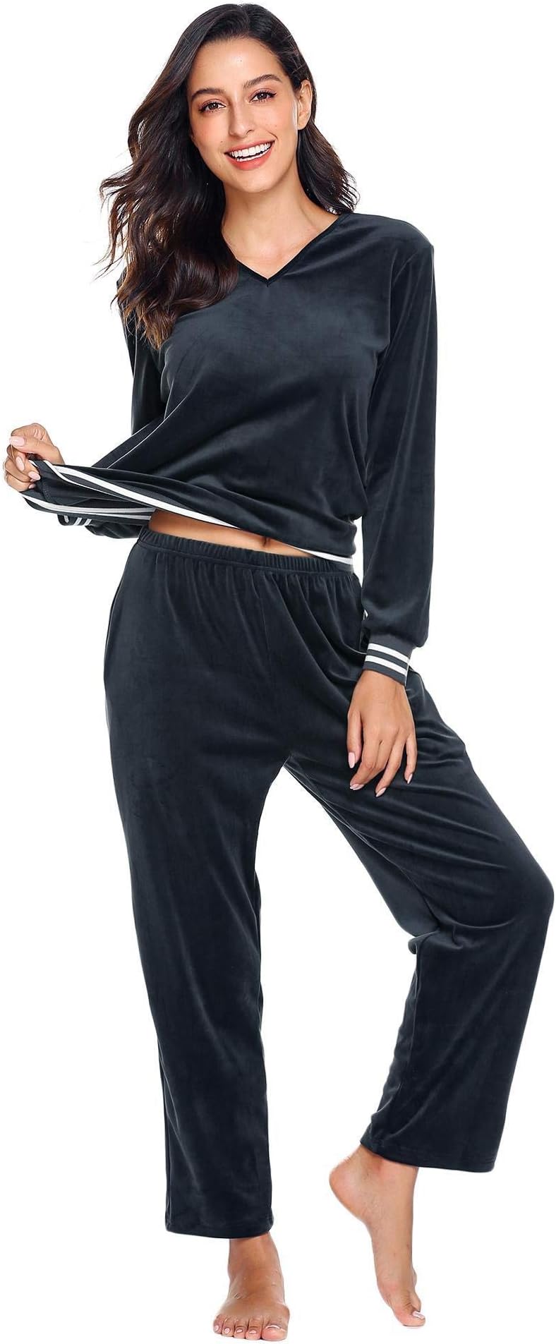 Langle Women's Coral Fleece Pajama Set Long Sleeve Sleepwear Winter Nightgowns S-XXL