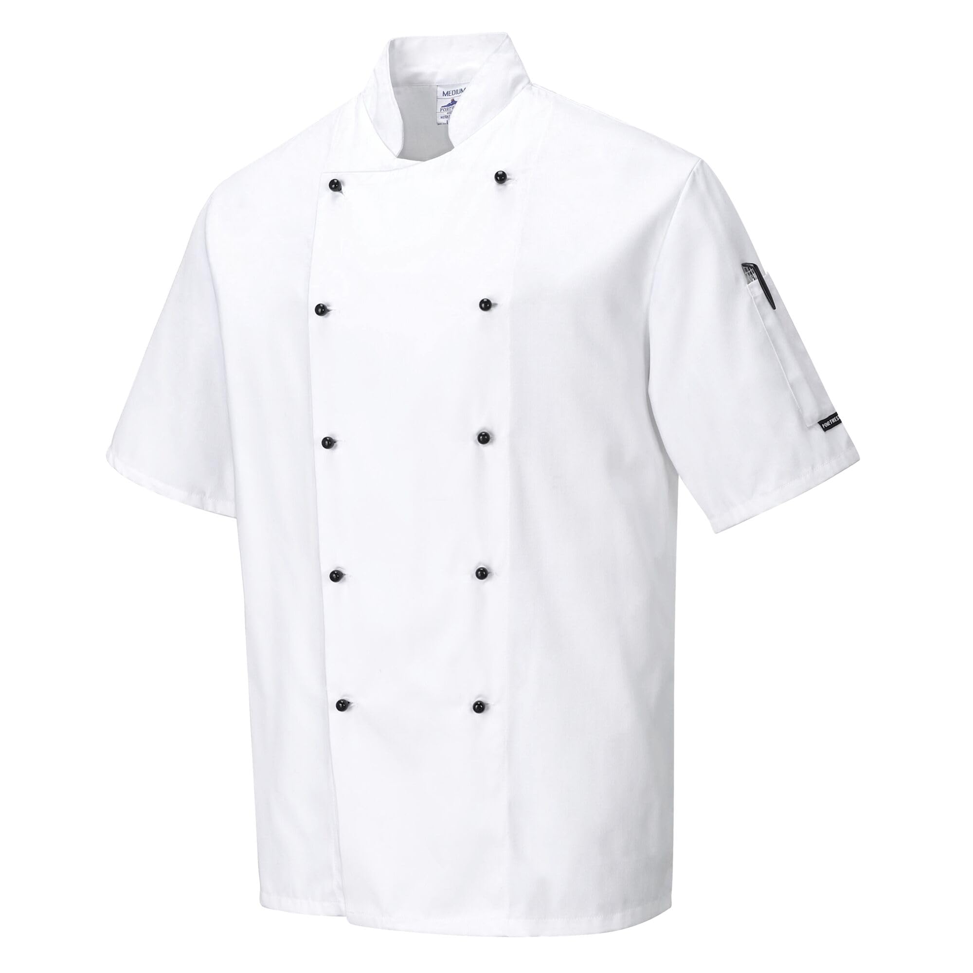 Portwest C734 Chef Jacket Protective Safety Short Sleeve Coat Stain Resistant Durable Workwear Unisex Professional Modern Chesfswear, White, Small