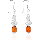 ARTISANJEWELS Natural Carnelian & Clear Quartz Gemstone Beads Earrings, Silver Bohomian Jewelry, Handmade Dangling Earrings, Healing Crystals, Polished Stones, Gift for Her (Approx.1.25inch)