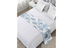HOMECHOID Navy Blue Grey Coastal Bed Runner for Full/Queen Bed, Bedspread Protector Slipcover Bed Scarf for Foot Bed Runners & Scarves for Bedroom Hotel Wedding Room 83x20 Sea Turtle Nautical Coral Summer Beach