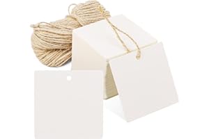 Segarty Paper Tags, 100 PCS White Square Craft Gift Tags with 65 Feet Jute Twine, Thick White Paper Blank Hang Tag for Gifts Wrapping, Craft Project, Xmas Gift, DIY Wedding Favor Bag