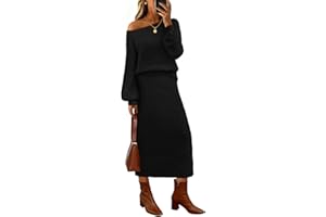 MEROKEETY Women's 2025 Fall Fuzzy 2 Piece Outfit Winter Long Sleeve Off Shoulder Pullover Top Midi Skirt Matching Lounge Sets