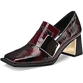 TDD Loafers for Women Patent Leather Buckle Square Toe Chunky Block Dress Slip On Wide Casual Comfortable Dressy High Heels Ladies Comfort Moccasins Elegantes 2 Inch Shoes