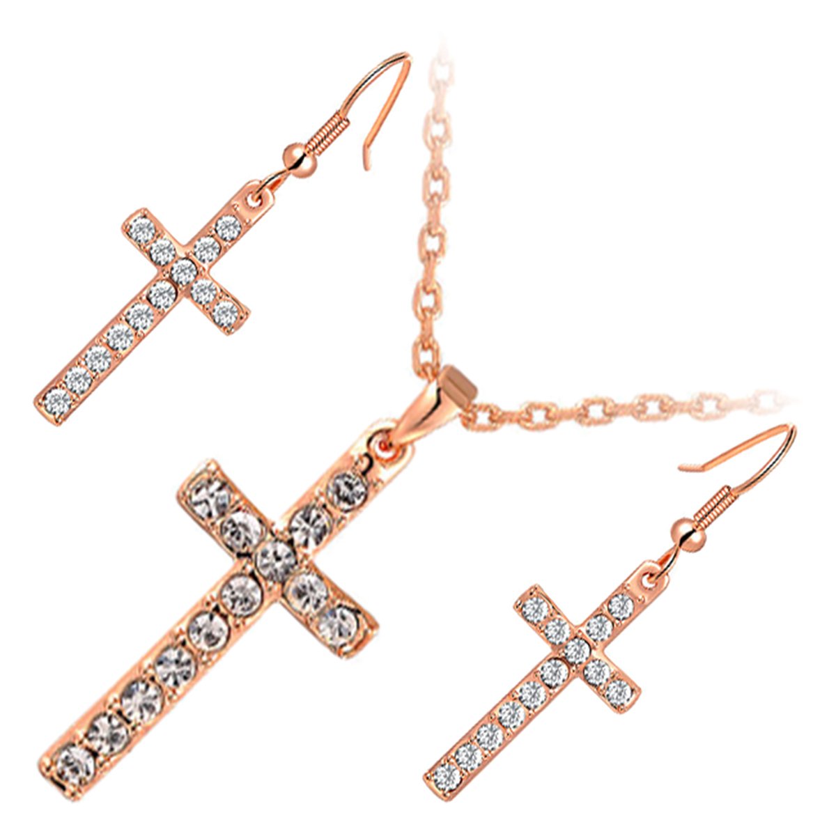 GWG Jewellery Set 18K Rose Gold Coated Pendant Necklace and Earrings Cross Adorned with Brilliant Clear Stones in Gift Box for Women