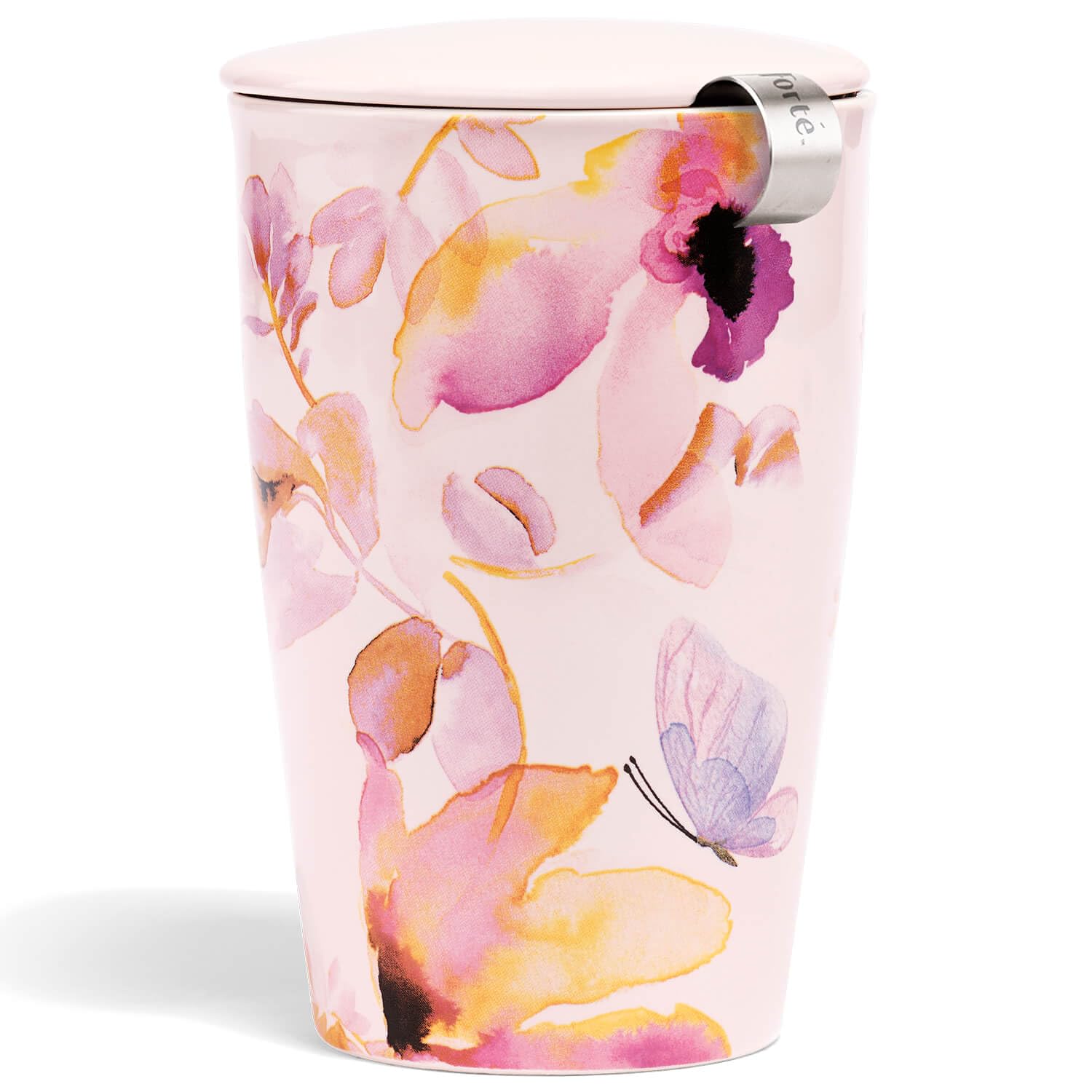 Tea Forte Kati Cup Mariposa, Ceramic Tea Infuser Cup with Infuser Basket and Lid for Steeping Loose Leaf Tea, 11935