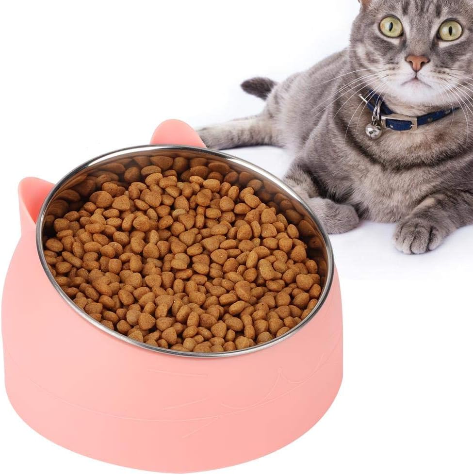 Jingyi Pet Bowl,Non-Toxic, Anti-Rust,15 Degree Pet Tilted Feeder Food Feeding Bowl Neck Protection for Cat Small Dog(Pink)