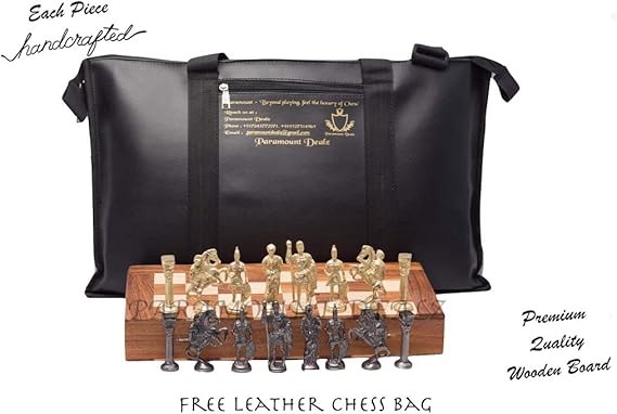 Paramount Dealz Hand Crafted Roman Brass Chess Set (14 inches Wooden Board/Leather Bag) (Golden & Black)