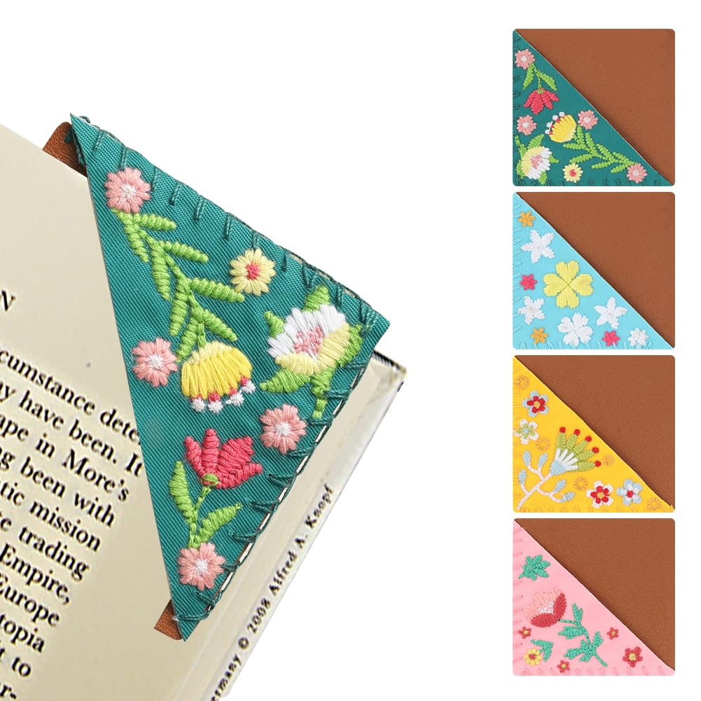 CuteHome Personalized Hand Embroidered Corner Bookmark, Felt Triangle Page Stitched Handmade Bookmark,Unique Cute Flower Embroidery Bookmarks Accessories for Book Lovers (4 Pieces)