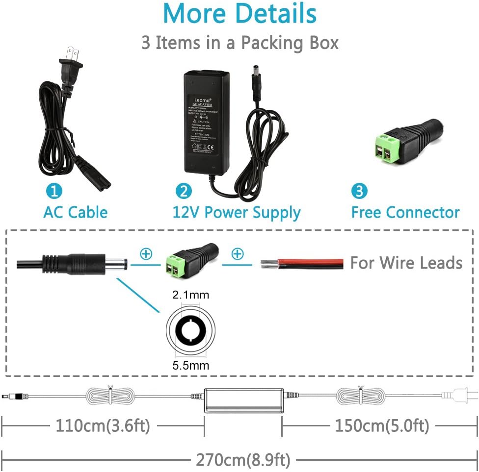 LEDMO Power Supply, Transformers, LED Adapter, 12V, 5A Max, 60 Watt Max, for LED Strip - - 