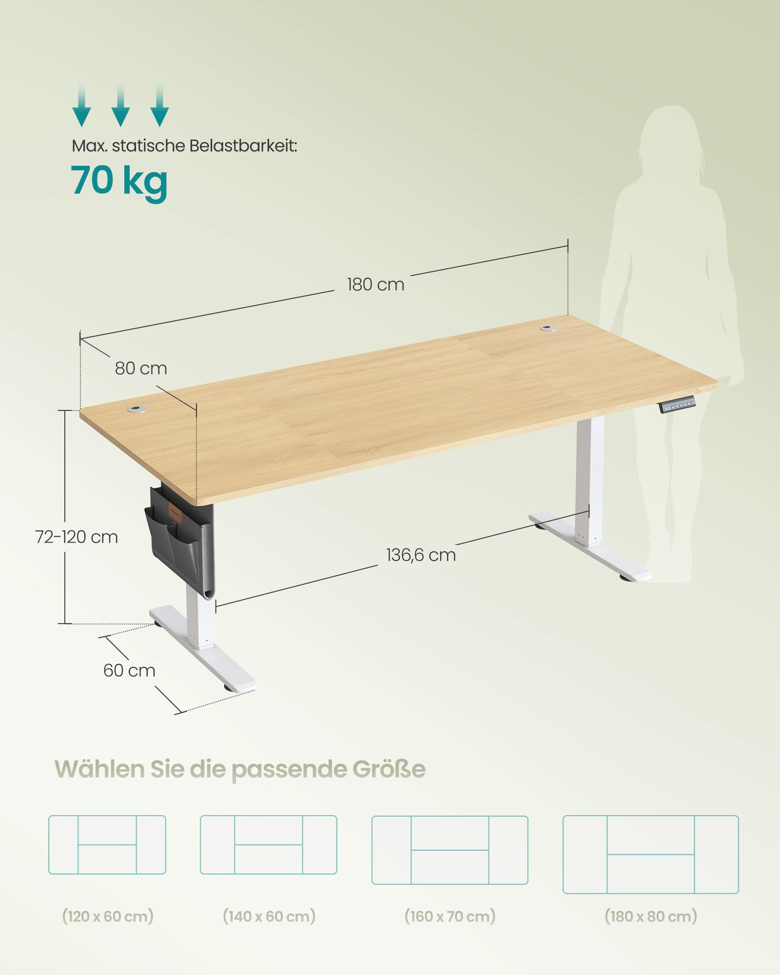SONGMICS Höhenverstellbarer Schreibtisch elektrisch, 180 x 80 cm, Memory-Funktion mit 4 Höhen, USB-C-Anschluss, goldeichenfarben LSD138YA01 7