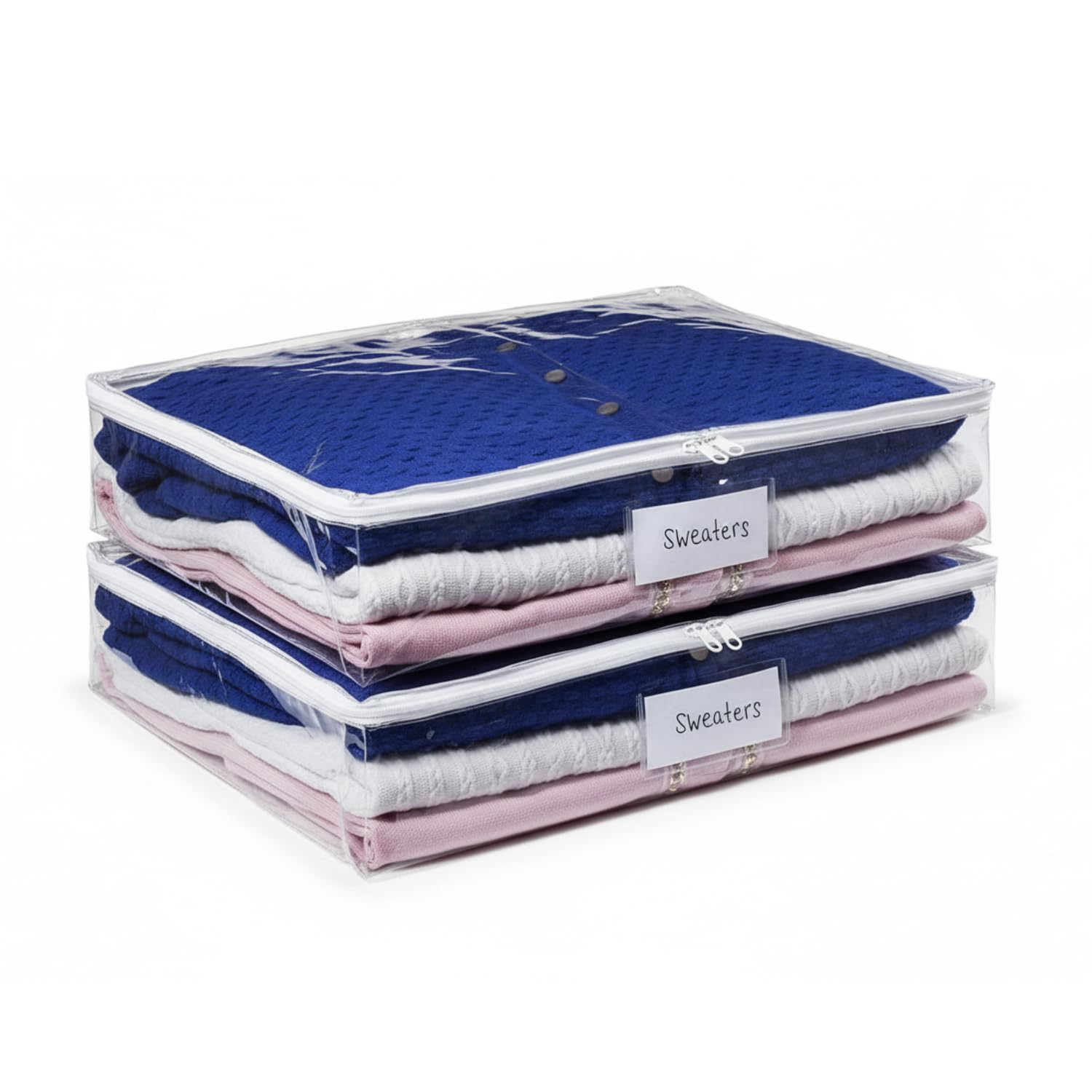 Masirs Clear Sweater Storage Bag - Durable Vinyl Material to Shield Contents from Dust, Dirt and Moisture. Gliding Zipper for Easy Access and Label Pocket for Identification. (2-Pack)