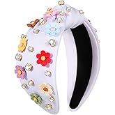 NVENF Flower Headbands for Women Spring Summer Floral Knotted Headbands Crystal Rhinestone White Pink Wide Top Knot Headband Beach Summer Hair Accessories Outfits Gifts (Flower B - White)