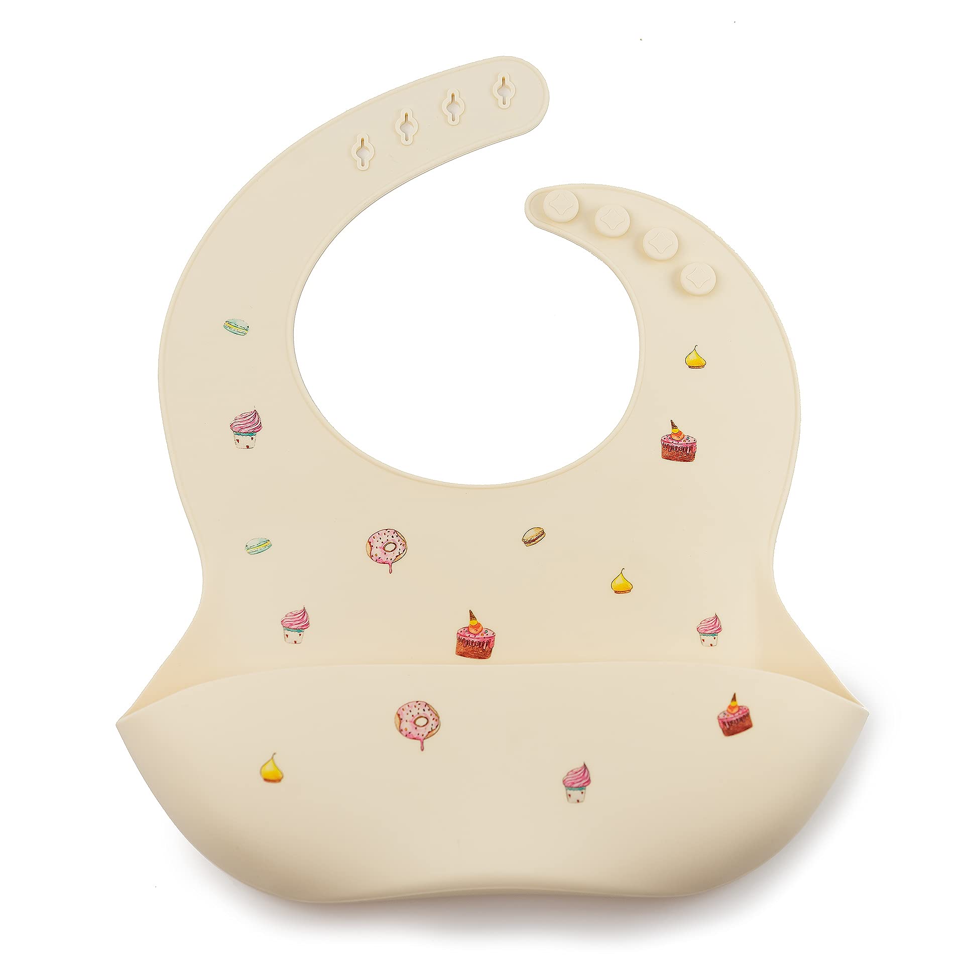 J.Børn Silicone Baby Feeding Bibs | Hand-Painted Designs On Silicone Protection | Waterproof Baby Bibs | Easy To Clean Weaning Apron | 4 Adjustable Sizes with Deep Front Pockets (Ivory Cakes)