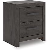 Signature Design by Ashley 2 Drawer Grey Nightstand, Charcoal, Prendonea | Engineered wood with decorative laminate, Smooth-gliding drawers, Replicated oak texture, Sturdy 41 lb solid frame