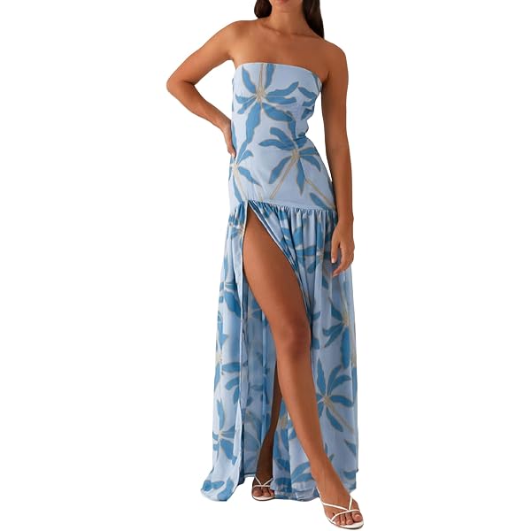 Women Floral Strapless Maxi Dress Flowy Y2k Flower Backless Tube Long Dress  Drop Waist High Slit A Line Swing Sundress Cocktail Wedding Gown(Boho  Blue,Small) at Amazon Women's Clothing store