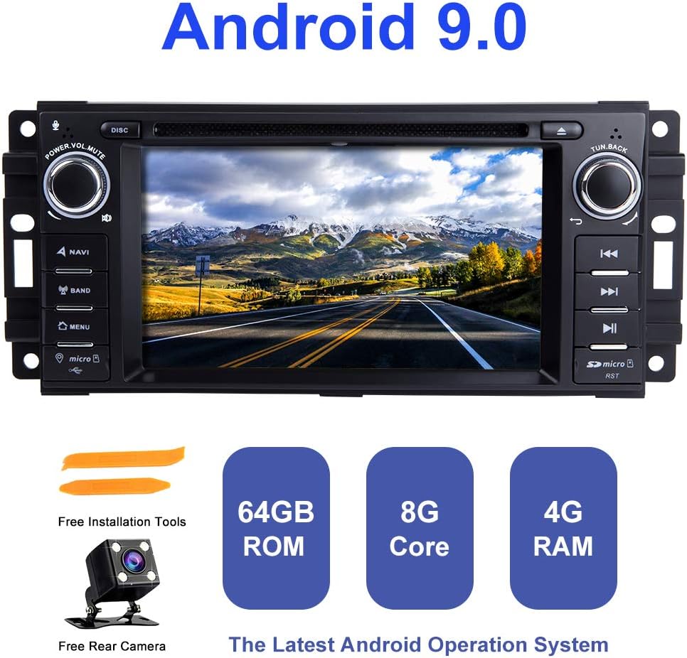 Android Car Radio Stereo,ZLTOOPAI For Dodge Ram Challenger Jeep Wrangler JK Single Din Head Unit Android 9.0 Octa Core 4G RAM 64G ROM Auto Stereo GPS Radio With Free Rear View Camera Removal Tools