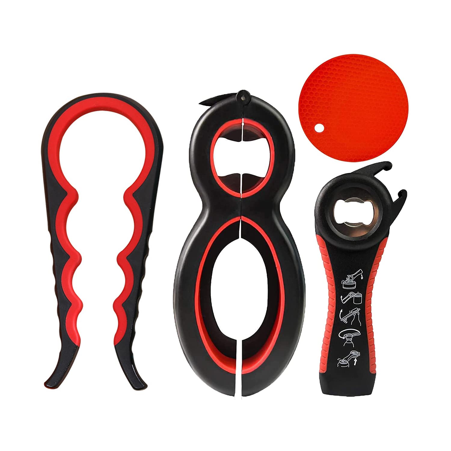 Spring.Rd 4-in-1 Jar Opener Set, 4 Packs Rubber Jar Opener for Weak Hands, Seniors with Arthritis, Black and Red, Plastic, Stainless Steel