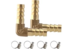 AUXBC 2Pcs 5/16Inch 90 Degree Brass Hose Barb, L Right Angle Brass Barb Elbow Connector Fitting with 4Pcs Hose Clamps for Fuel, Air, Water, Oil, Gas(8mm)