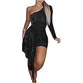 Floerns Women's Glitter One Shoulder Bodycon Dress Long Sleeve Shiny Party Mini Dress