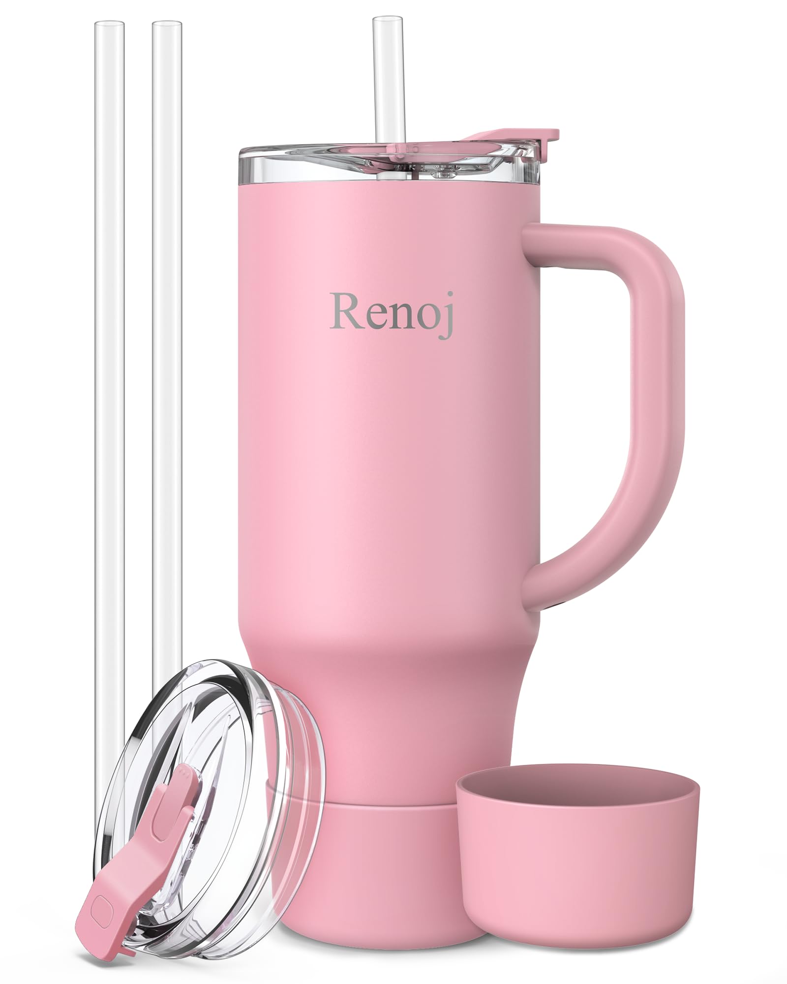 Renoj Insulated Mug 100% Leak Proof Insulated Water Bottle for Iced Coffee & Hot Drinks - Fits Car Cup Holder, Ideal Gift, 2 Straws & Silicone Boot - SnapShift Pink 32 oz Image