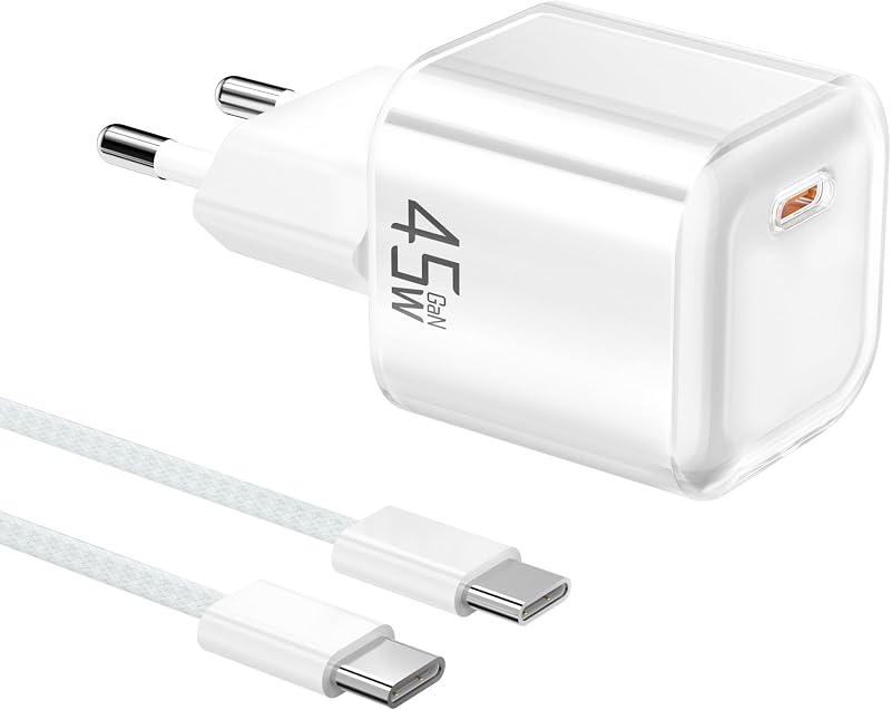 45W Chargeur USB C Rapide： GaN Prise USB C Chargeur Rapide PD3.0 Bloc Super Charge pour Smartphone Comprimés avec 60W Cable Type C 1M Secteur USBC Embout Adapteur